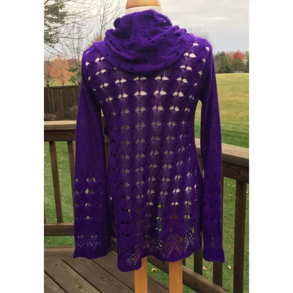 Nine West Womens Sweater sz XS Plum Purple Cowl Neck Open Thin Knit Long Sleeve - Picture 4 of 12
